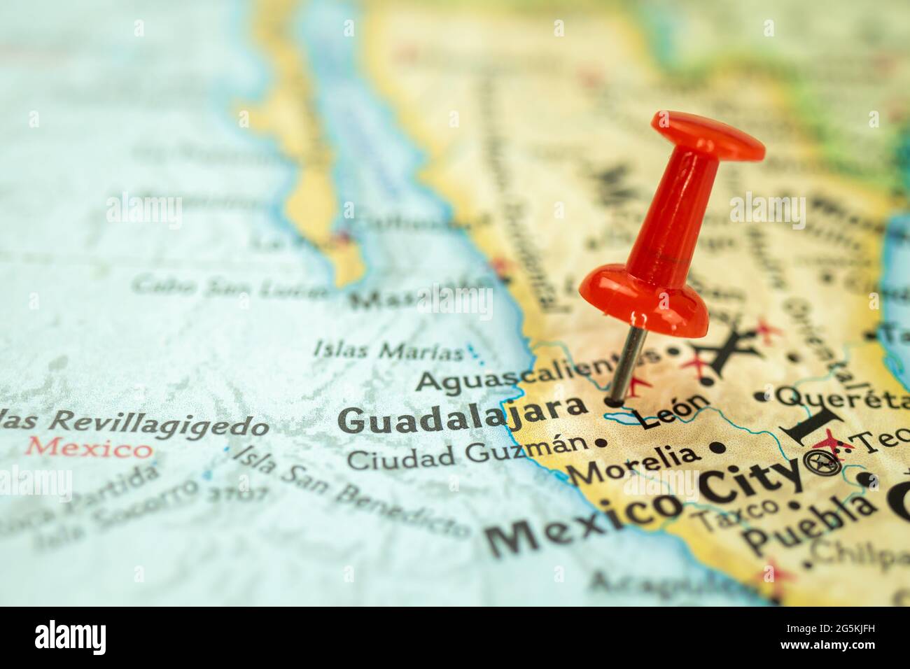 Location Guadalajara city in Mexico, map with red push pin pointing close up, North America Stock Photo