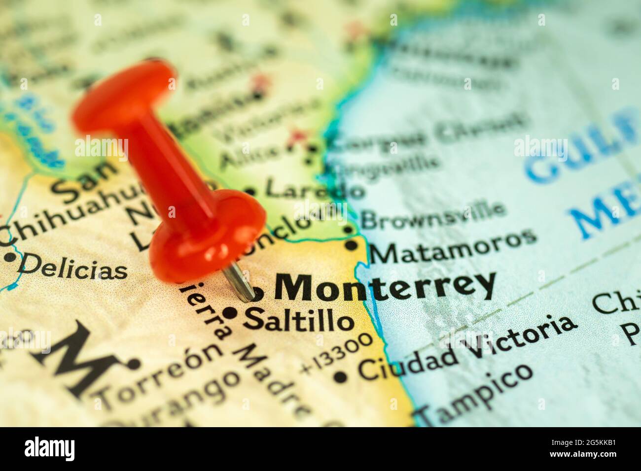 Location Monterrey city in Mexico, map with red push pin pointing close up, North America Stock Photo