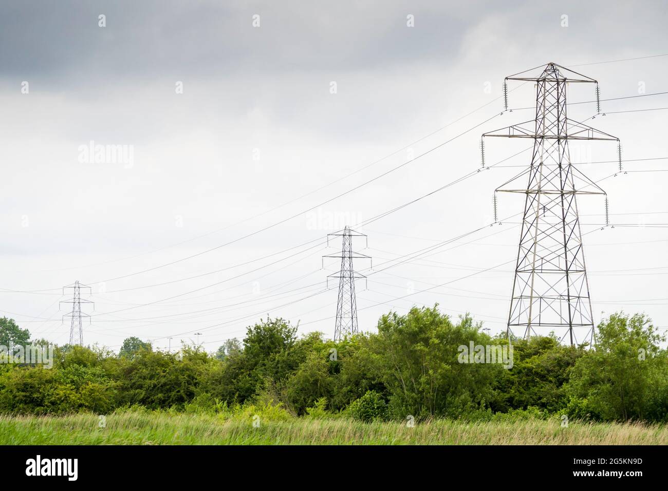 Electricity pylons carrying cables across landscape at Portbury Wharf Nature Reserve, Portishead, Somerset, UK. Stock Photo