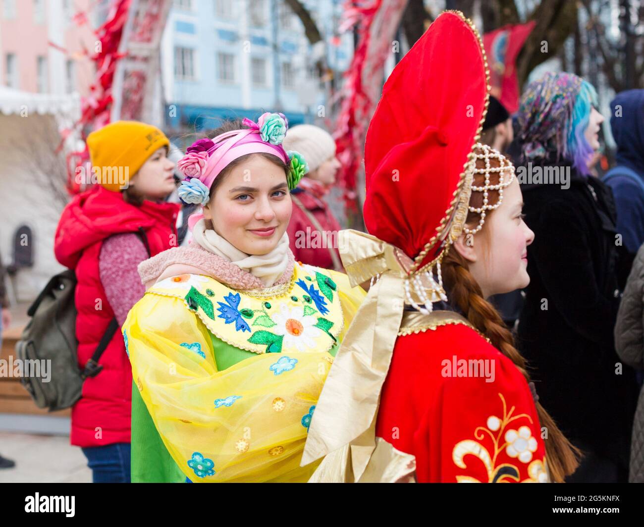 Moscow, Russia. 22nd Apr, 2018. Young ladies seen in traditional national  Russian costumes during the  of classical, folk music and  bell ringing, theatrical performances, painting of eggs - all this and