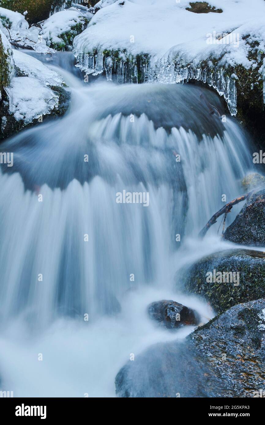 Wild Rivers Reseve Icicles on wild river in nature reserve Hölle, Bavaria, Germany, Europe ...
