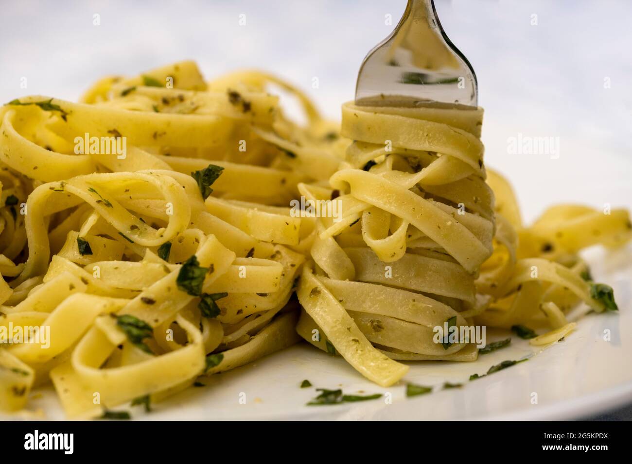 Pesto, with basil, Pasta, Linguine, Food, Italy, Europe Stock Photo