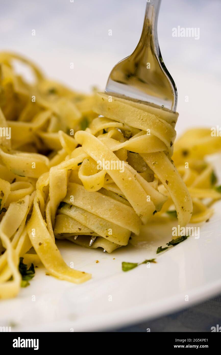 Pesto, with basil, Pasta, Linguine, Food, Italy, Europe Stock Photo