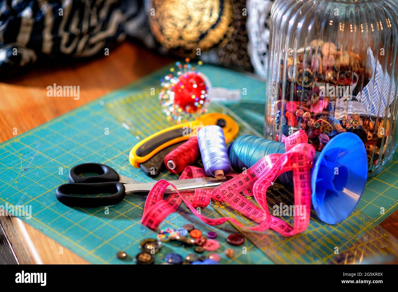 Tailor's workshop, thread, scissors, buttons, tape measure, Germany, Europe Stock Photo
