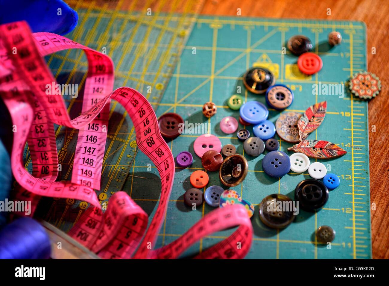 Tailor's workshop, thread, scissors, buttons, tape measure, Germany, Europe Stock Photo