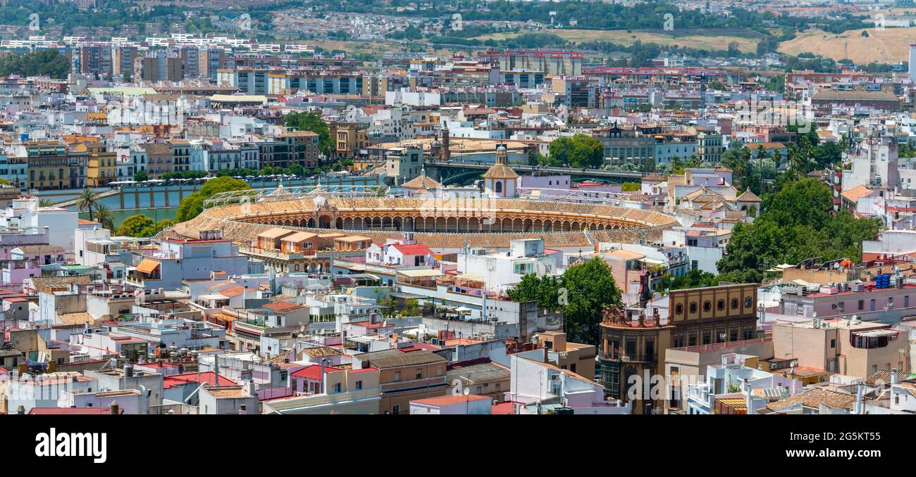 View from above over Seville with bullring Plaza de toros de la Real Maestranza de Caballería de Sevilla, Seville, Andalucia, Spain, Europe Stock Photo