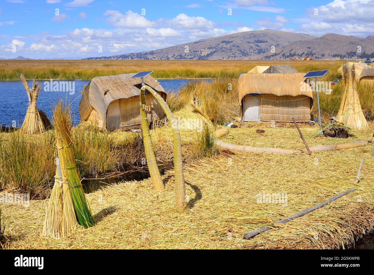 Reed bundles in front of reed huts with solar cells on a floating ...