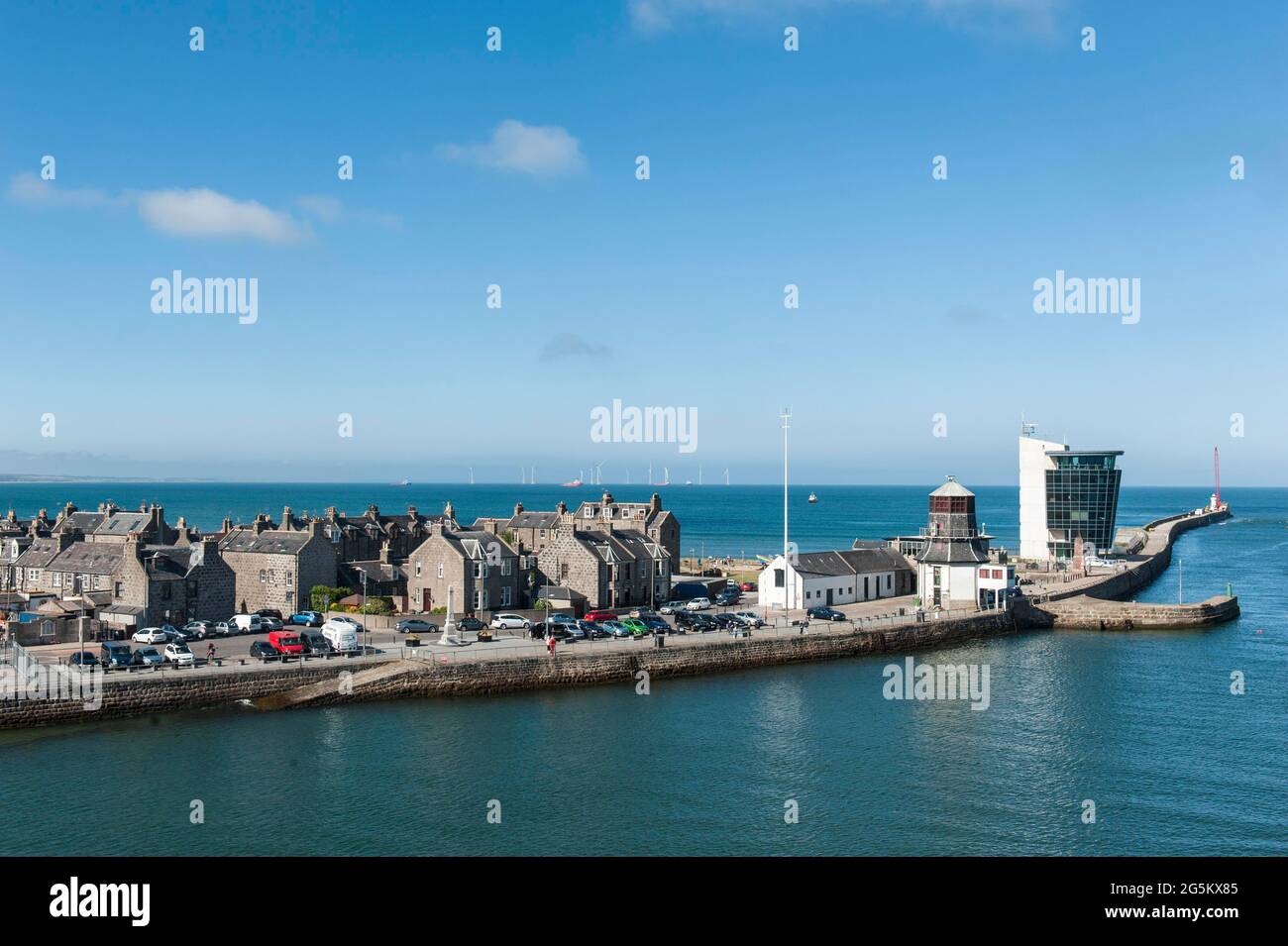 Estuary of the Dee into the North Sea, old houses, Footdee, Pocra Quay, harbour, harbour exit, Aberdeen, Scotland, Great Britain Stock Photo