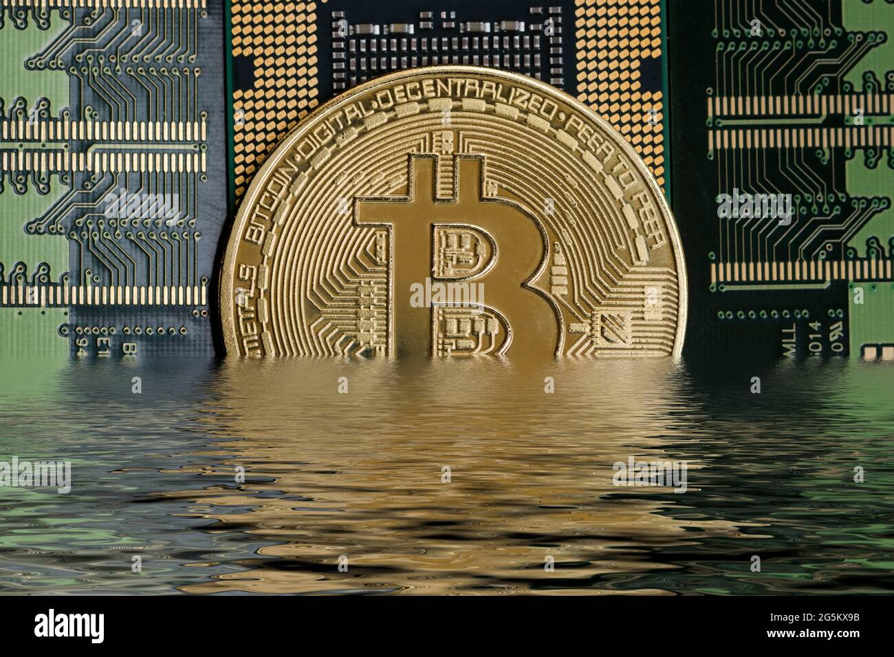 Cryptocurrency Bitcoin half under water Stock Photo