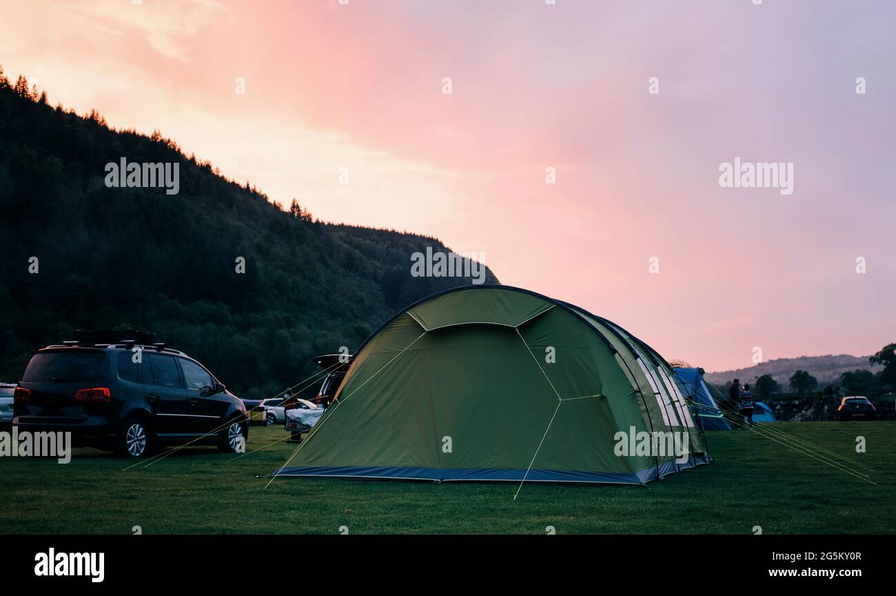pitched family tent on a campsite in Snowdonia National Park, Wales