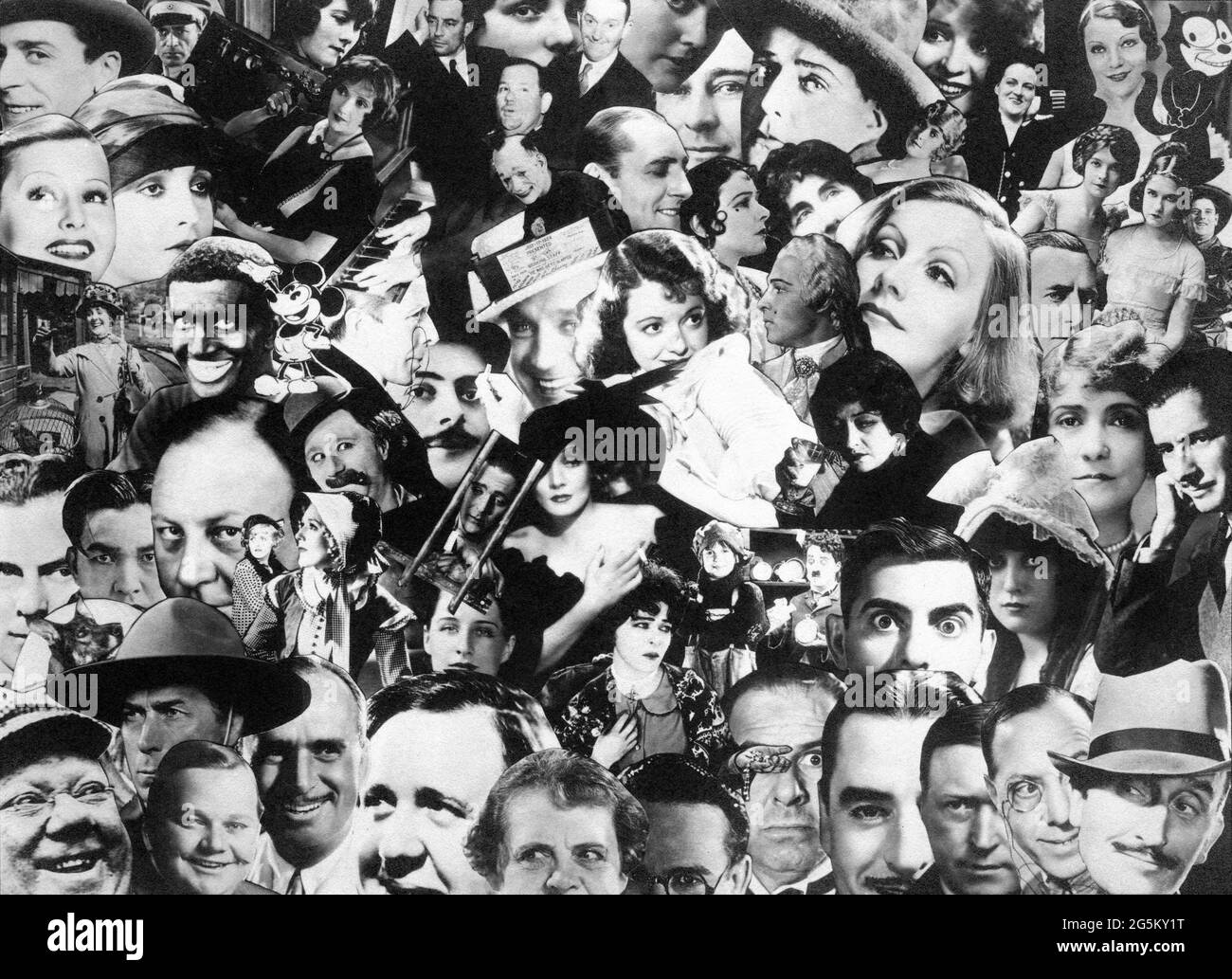 CINEMA HISTORY PHOTOGRAPHIC COLLAGE (artist unknown) circa 1933 with actors and actresses from the Silent and early Sound Era mainly from British and American Films possibly created for a British Movie Magazine Stock Photo
