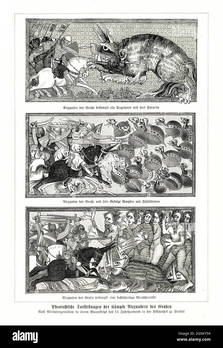 Fantastic depictions of Alexander the Great's battles, after 13th century miniature paintings in the Library at Brussels Top: Alexander the Great figh Stock Photo