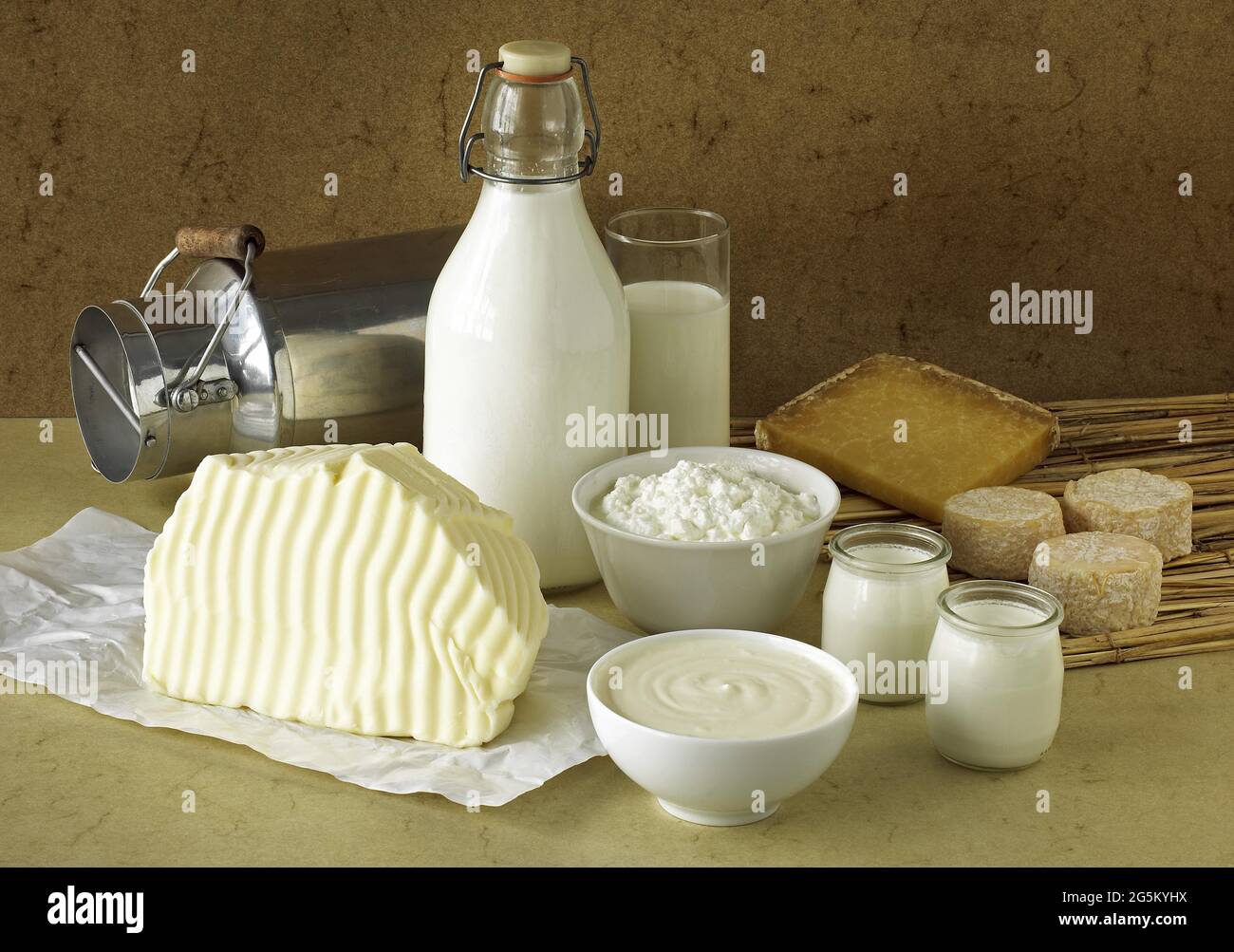Milk-based products, milk, double cream, yoghurt, soft cheese, butter, cheese Stock Photo