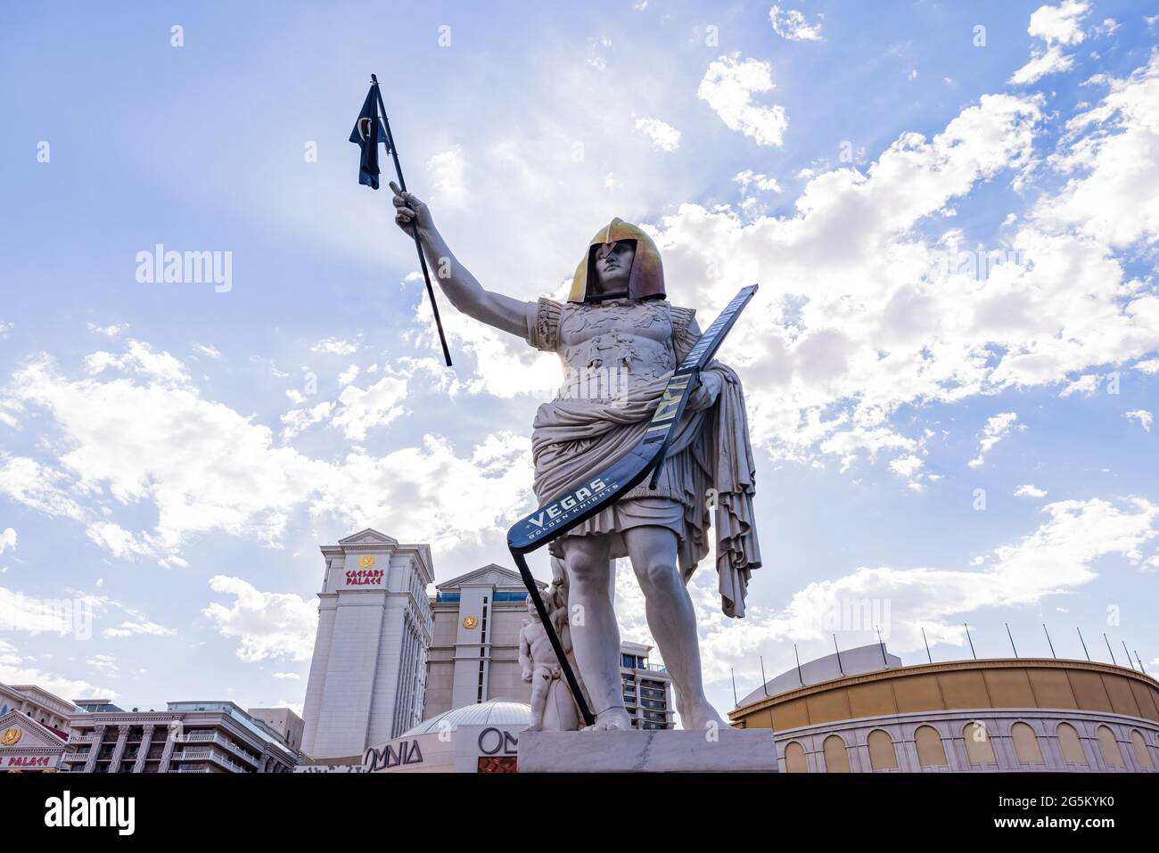 Statue in front of Caesars Palace donning Golden Knights jersey