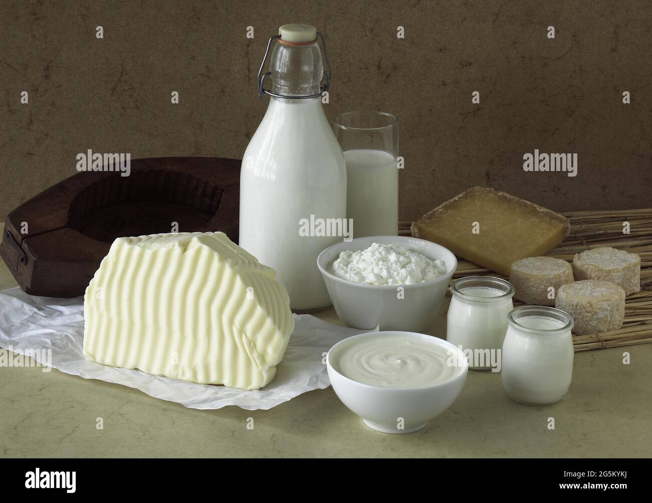 Dairy products, butter, milk, double cream, soft cheese, yoghurt and Cantal and goat cheese Stock Photo