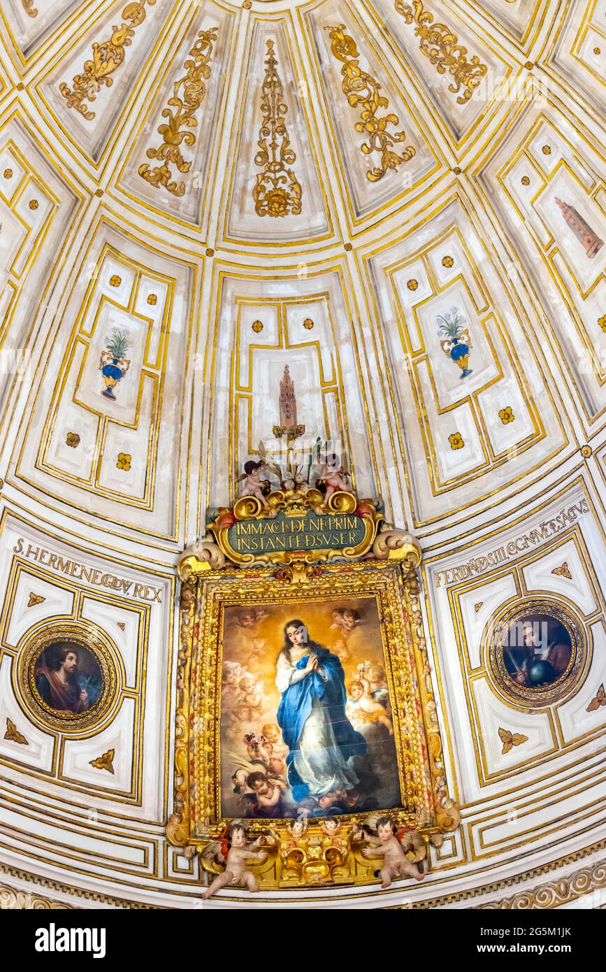 Immaculate Conception painting, Sala Capitular, interior of Seville Cathedral, Catedral de Santa Maria de la Sede, Seville, Andalusia, Spain, Europe Stock Photo