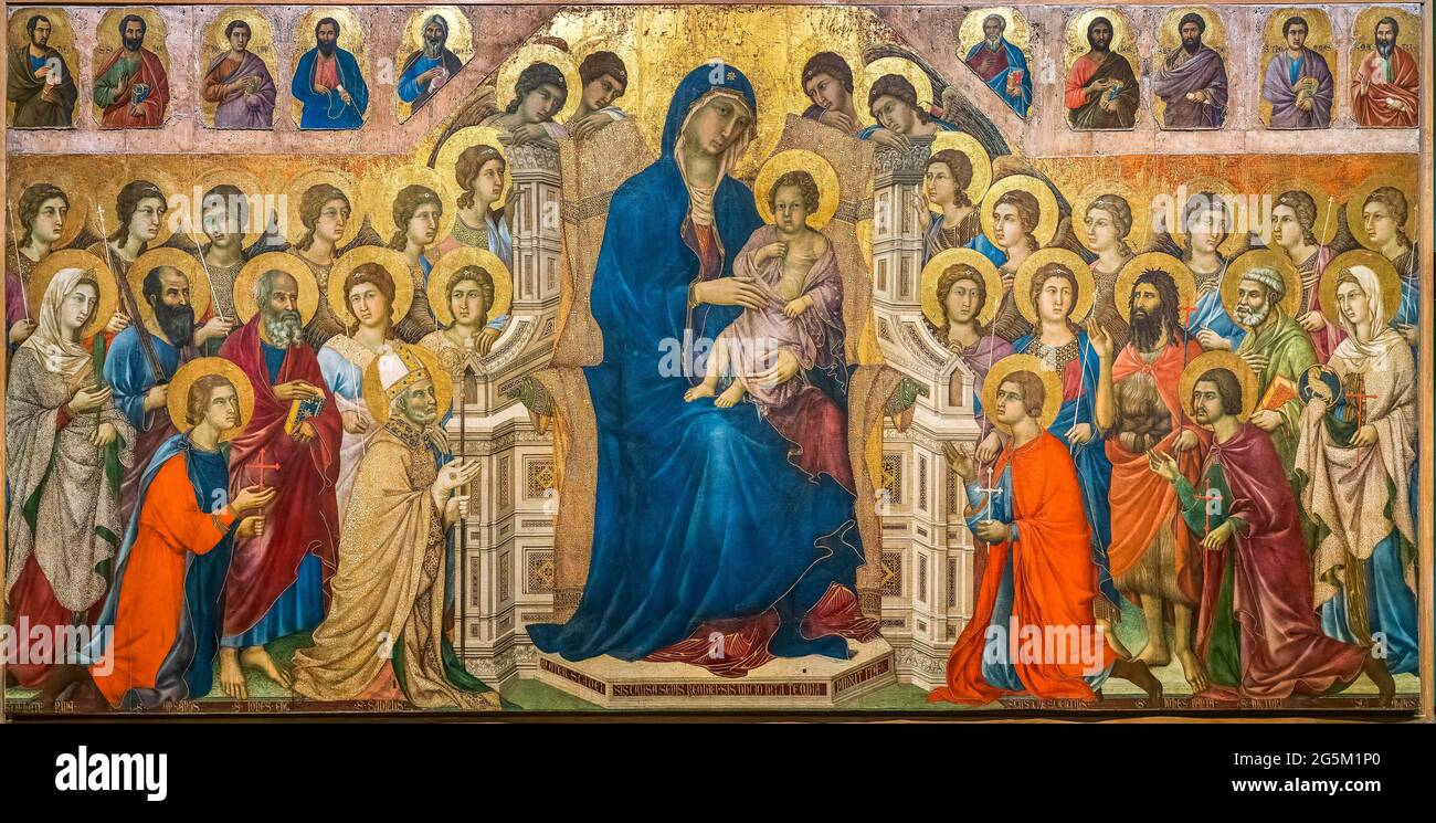 Enthroned Mother of God with Child, Angels and Saints, Maestà of Duccio, ca. 1283, painter Duccio di Buoninsegna, Museo dell' Opera Metropolitana, Sie Stock Photo