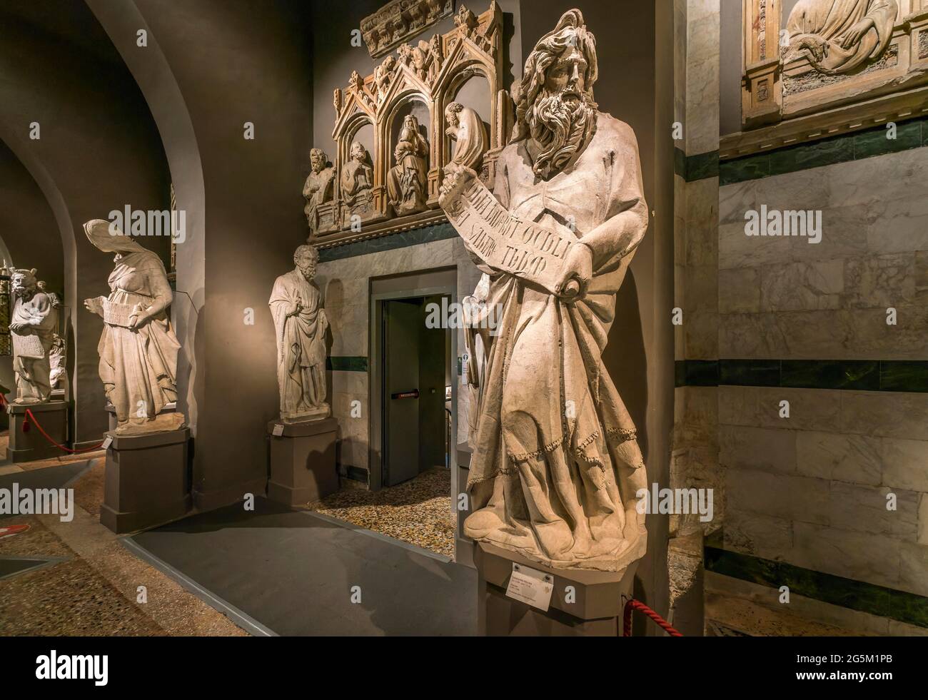 The Prophet Simeon and other original sculptures of the cathedral facade, 1284-1297, sculptor Giovanni Pisano, Museo dell' Opera Metropolitana, Duomo Stock Photo