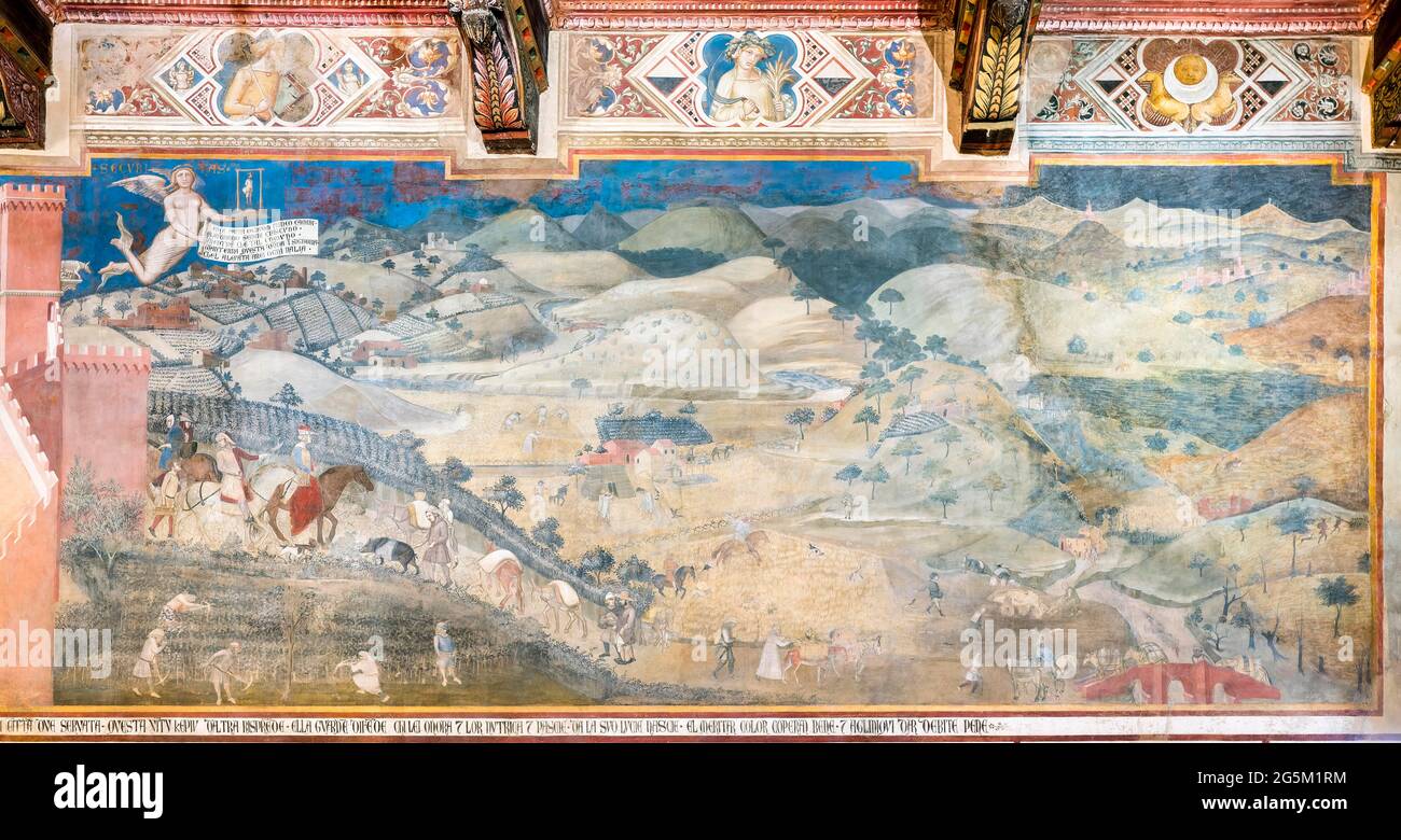 Effect of Good Government in the Countryside, 1337-1339, fresco by Ambrogio Lorenzetti, Sala della Pace in Palazzo Pubblico, Siena, Tuscany, Italy, Eu Stock Photo