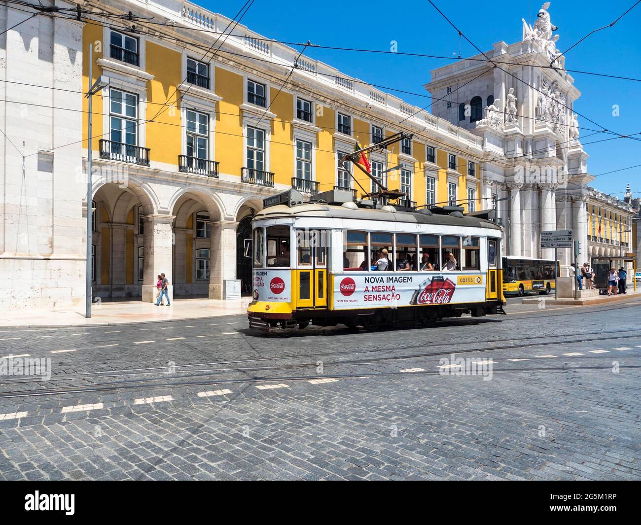 Commercial Square, Praça do Comercio, Tramway at the Arc de Triomphe Arco da Rua Augusta, Lisbon, Portugal, Europe Stock Photo