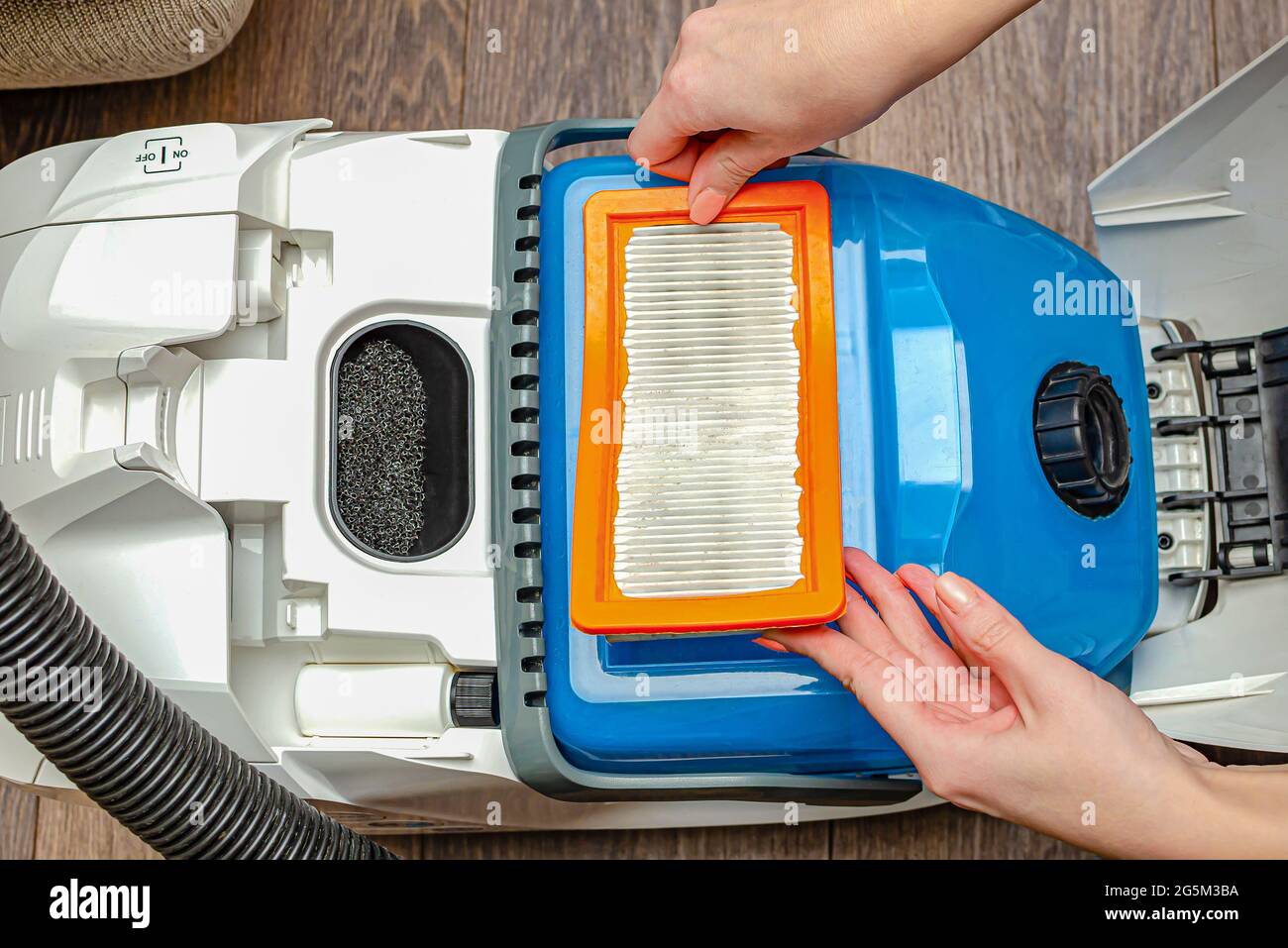 Manual replacement of the air filter in a modern washing vacuum cleaner. removes the filter of the vacuum cleaner by hand. Stock Photo
