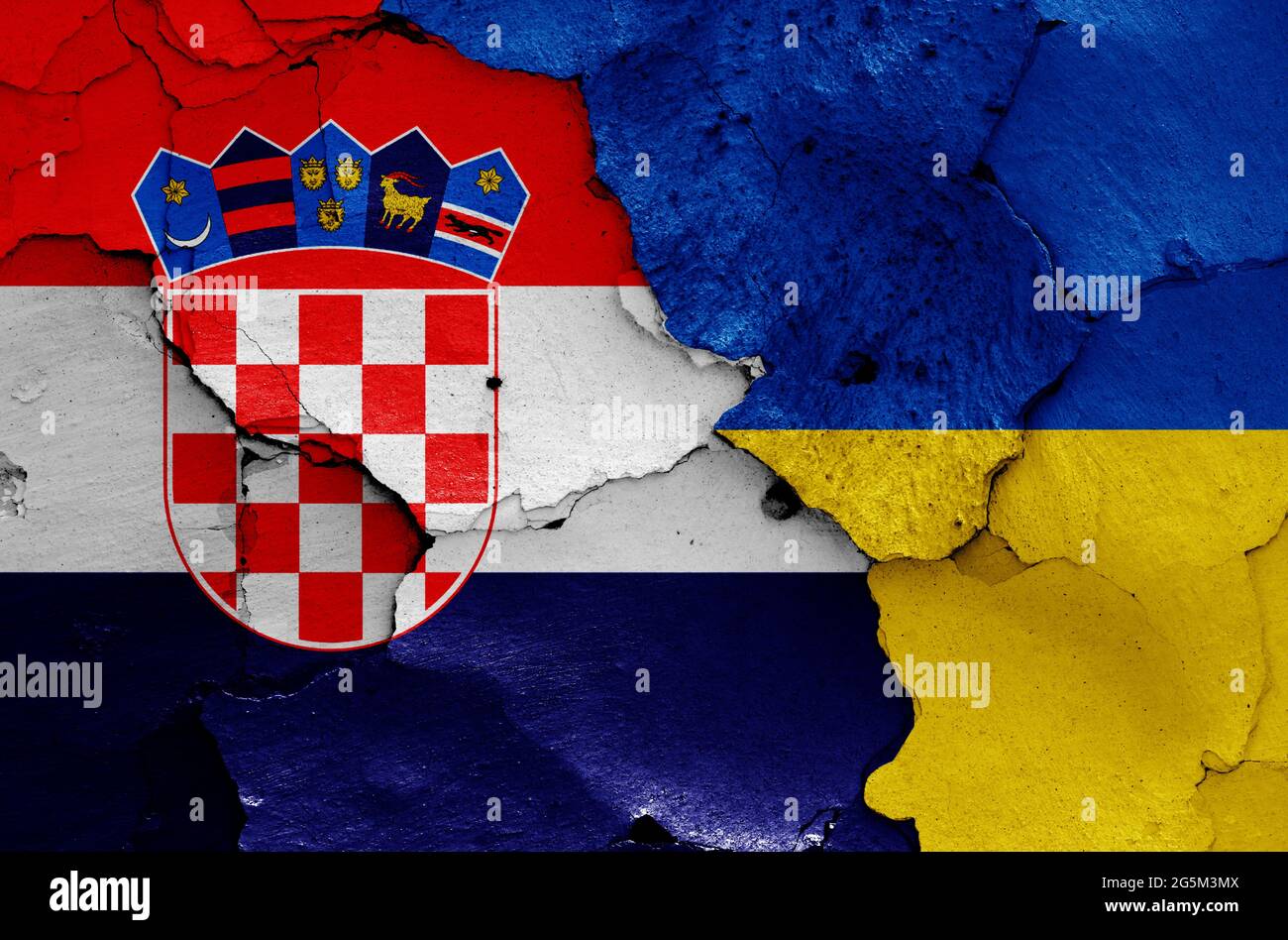 flags of Croatia and Ukraine painted on cracked wall Stock Photo