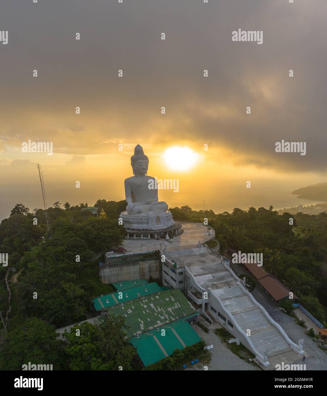aerial view scenery yellow sun with rain clouds moving summer ...