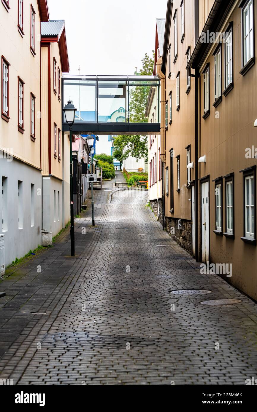 Reykjavik, Iceland quiet narrow back alley street road in downtown center and houses buildings