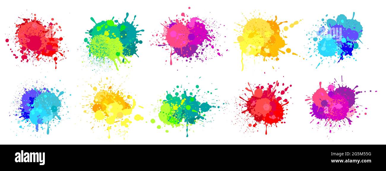 Paint splatter. Colorful spray paints splashes, rainbow colored ink stains, drops, blot. Abstract grunge color painted stains vector set. Bright liquid inkblots mix isolated on white Stock Vector