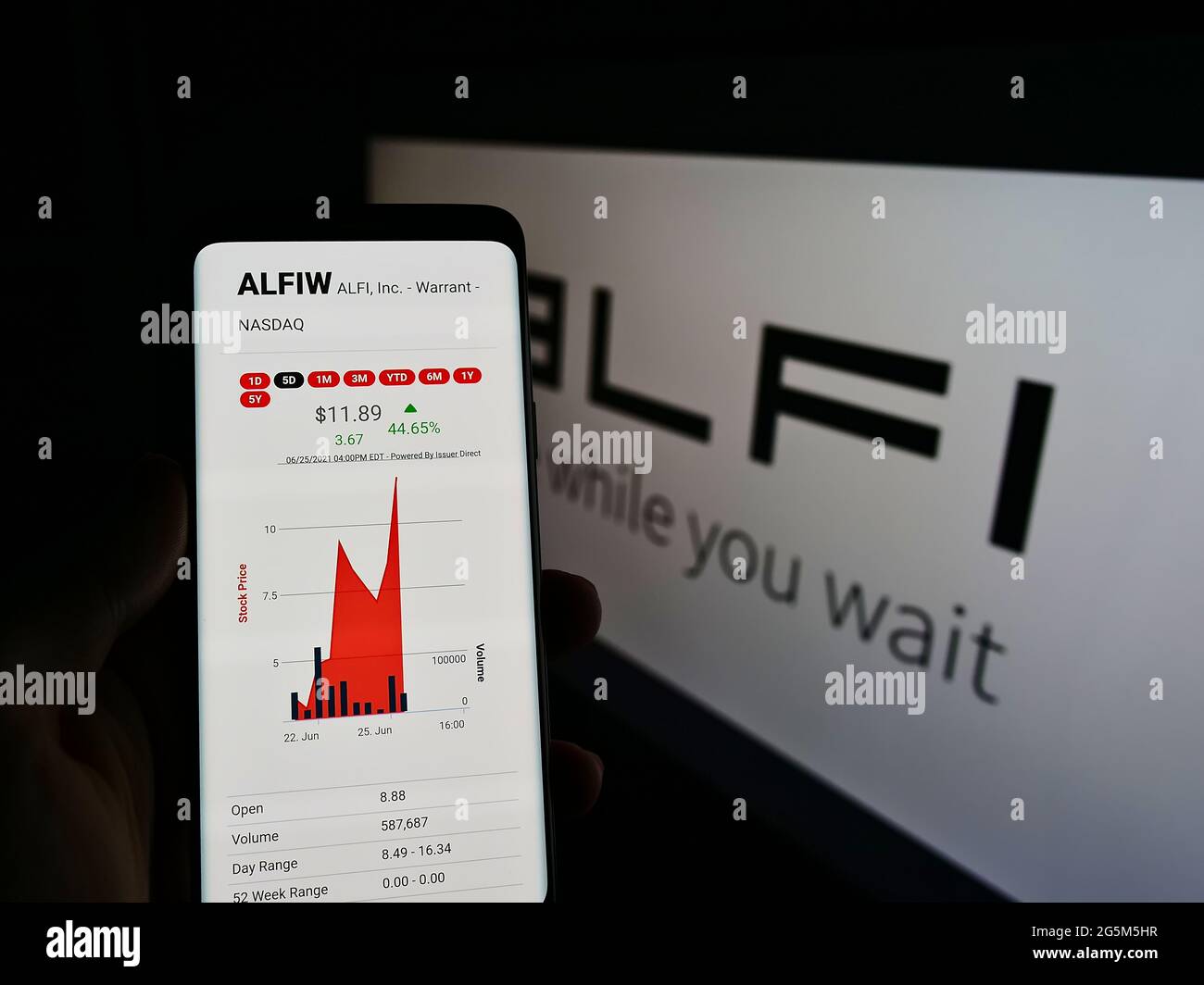 Person holding smartphone with website of US advertising platform company ALFI Inc. on screen in front of logo. Focus on center of phone display. Stock Photo