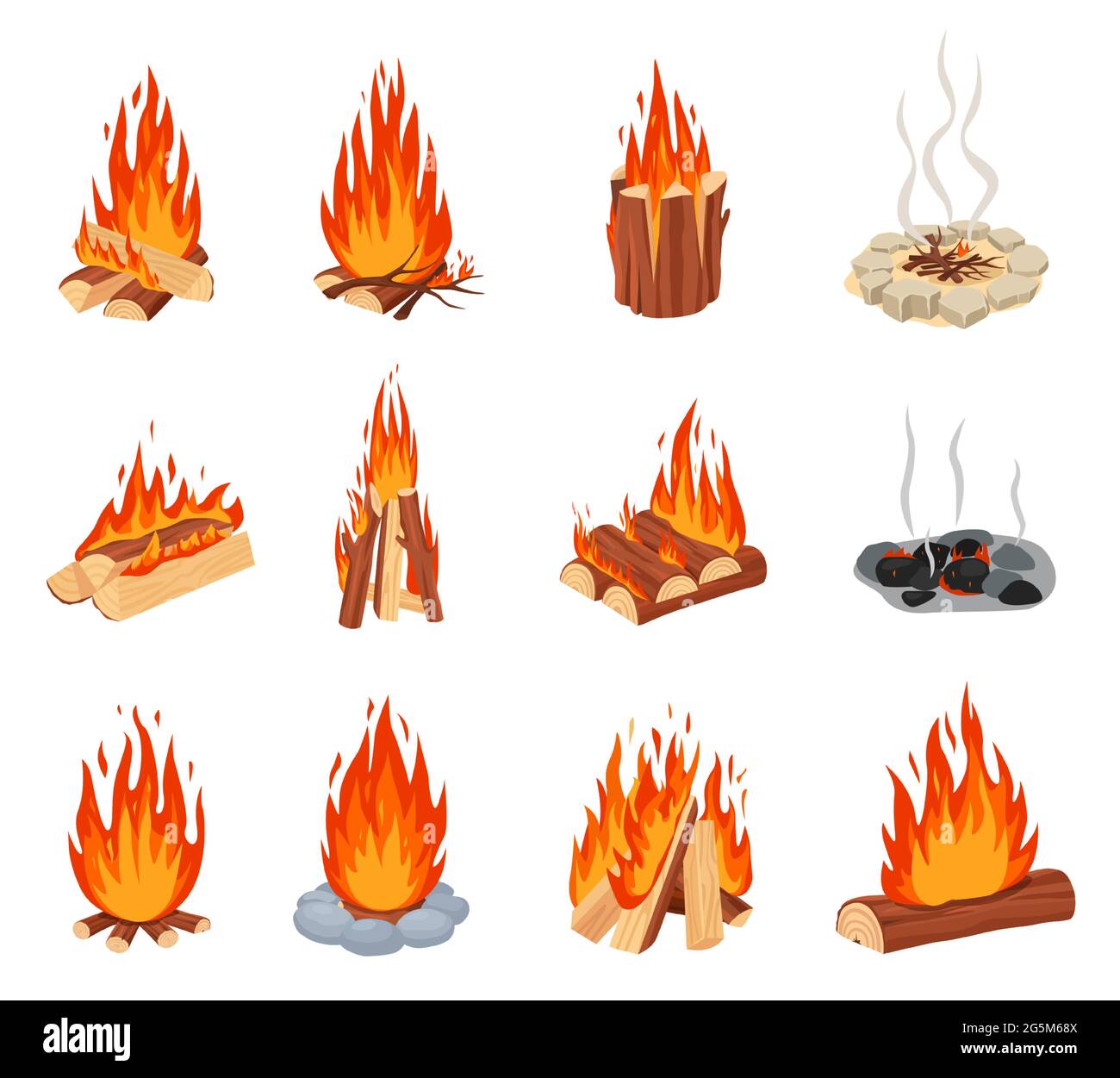 Cartoon bonfires. Outdoor burning fire flames with stone border, burned out bonfire. Forest tourist burning campfire with smoke vector set. Outdoor burning wooden logs, camping fireplace Stock Vector