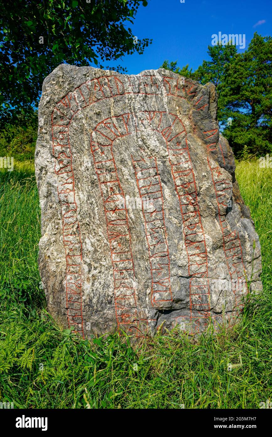Runestone U 69 (the front), Eggeby stone, Spånga parish, Uppland, Sweden. The oldest runestone on the Järva field. Final portion of the inscription is Stock Photo