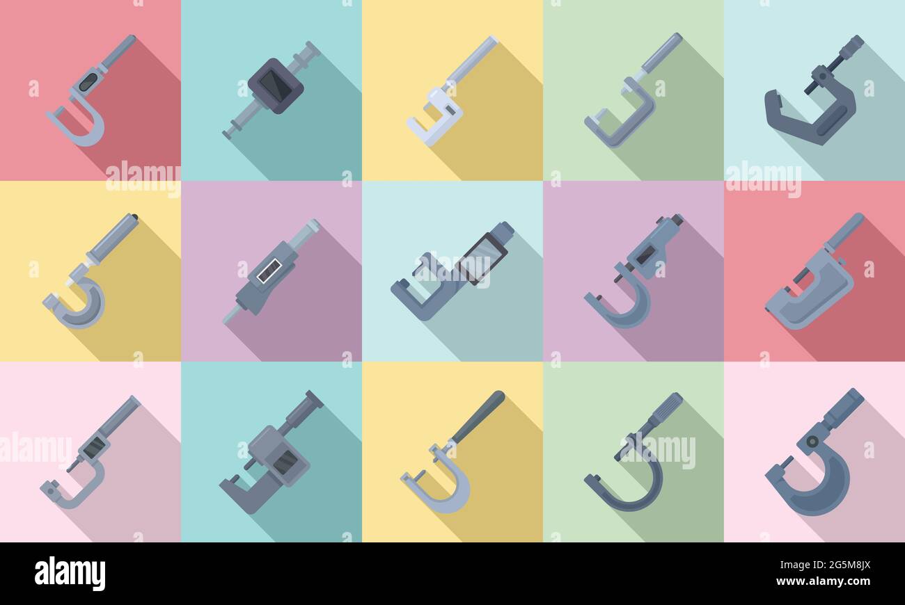 Micrometer icons set flat vector. Engineering gauge Stock Vector