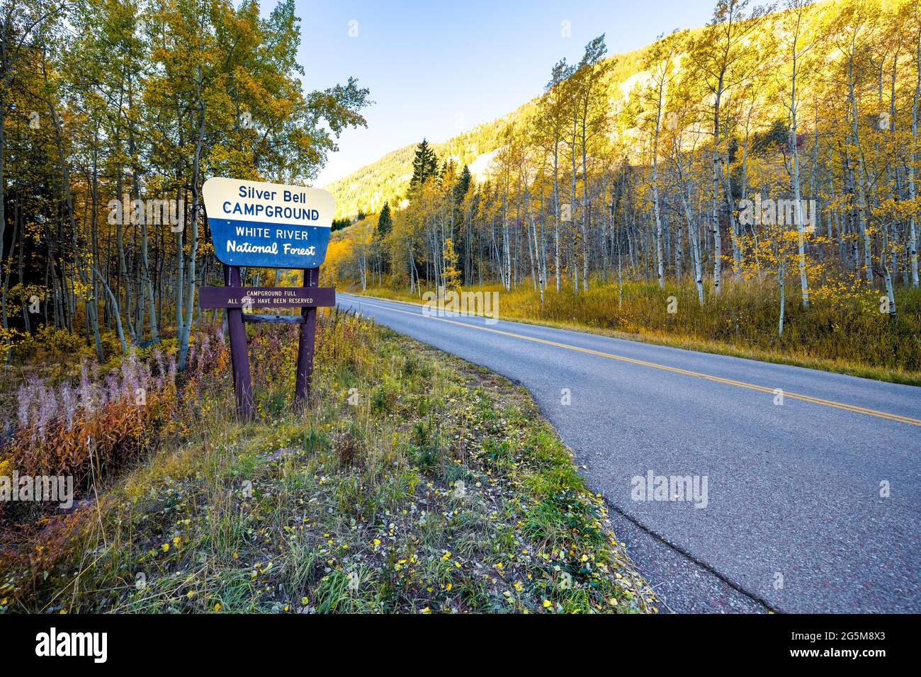 Maroon Bells sign for Silver Bell Campground and white river national forest in Aspen, Colorado rocky mountain in autumn fall colorful season Stock Photo