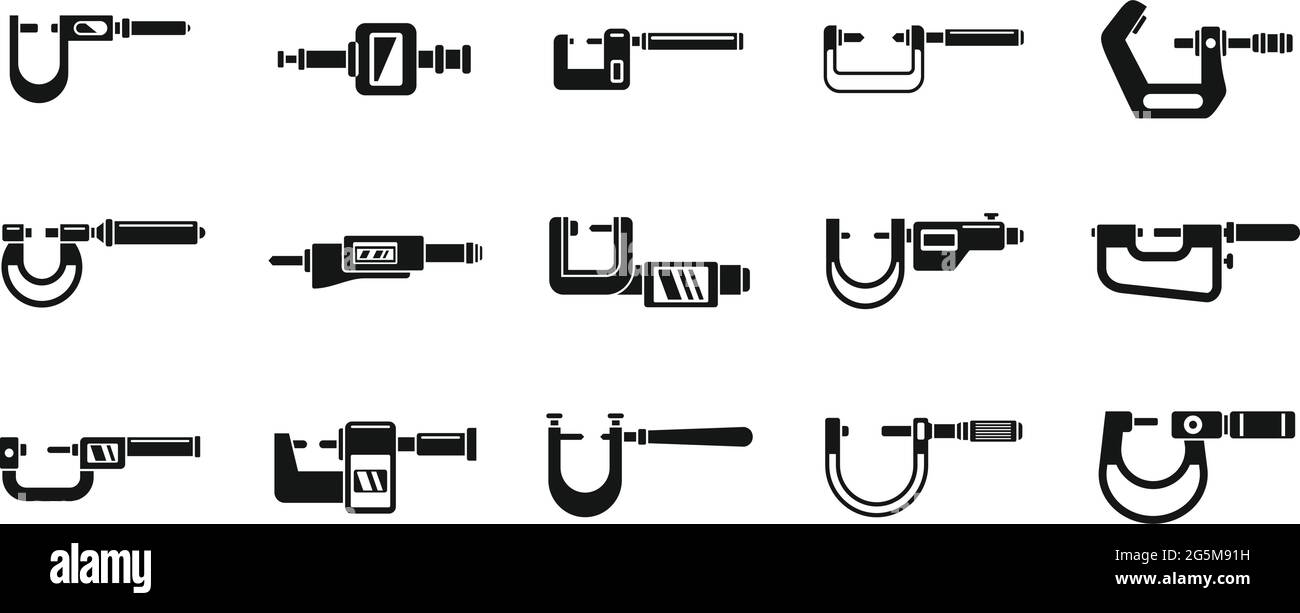 Engineering micrometer icons set simple vector. Industrial gauge Stock