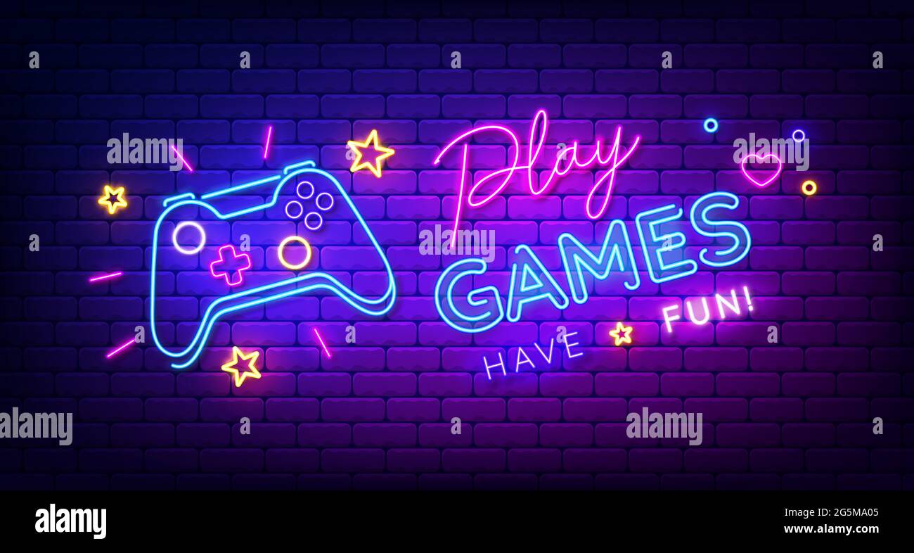 Play Games have fun neon sign with game pad, bright signboard, light banner. Game logo neon, emblem. Vector illustration Stock Vector