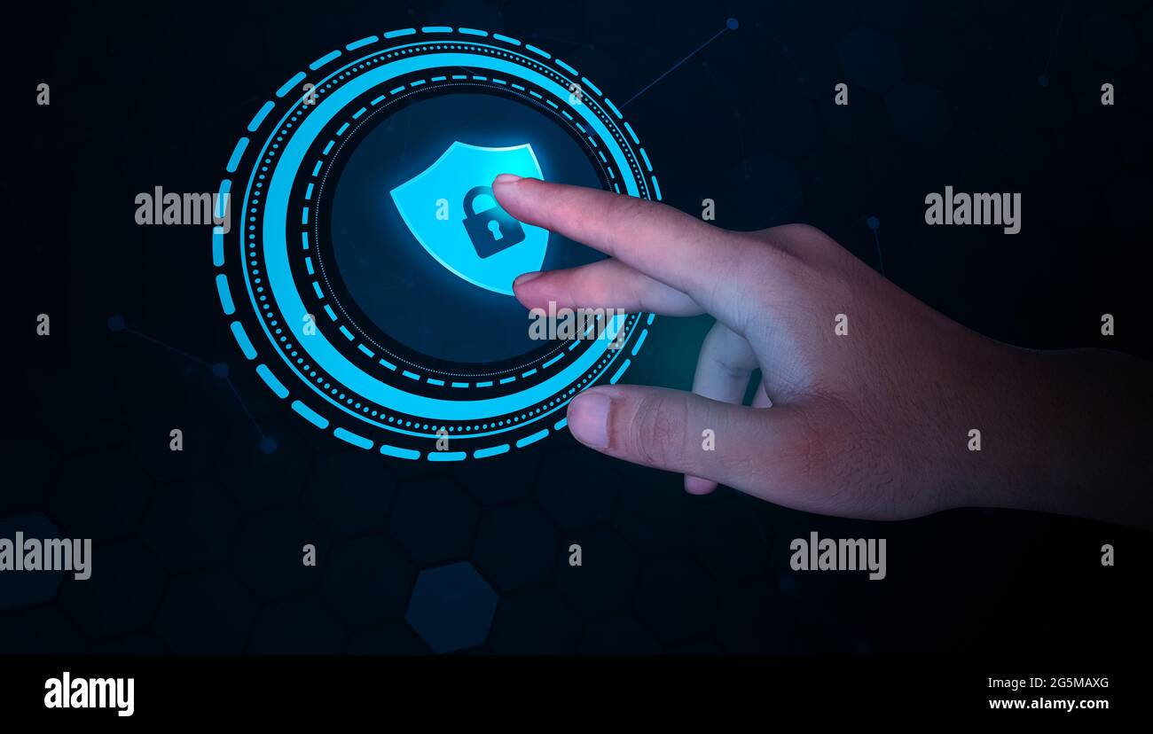 Modern Security and Technology Concept Background with Hand touching the Screen. Latest Shield concept backdrop Stock Photo