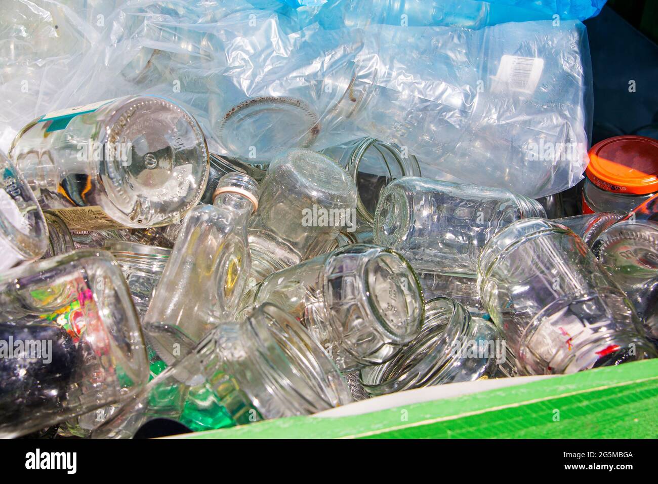 Glass jars collected for recycling. Environmental protection Stock