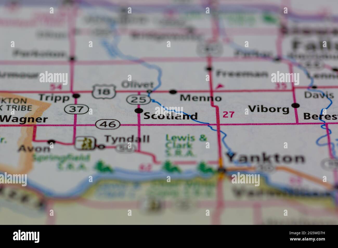 Scotland South Dakota USA shown on a Geography map or Road map Stock