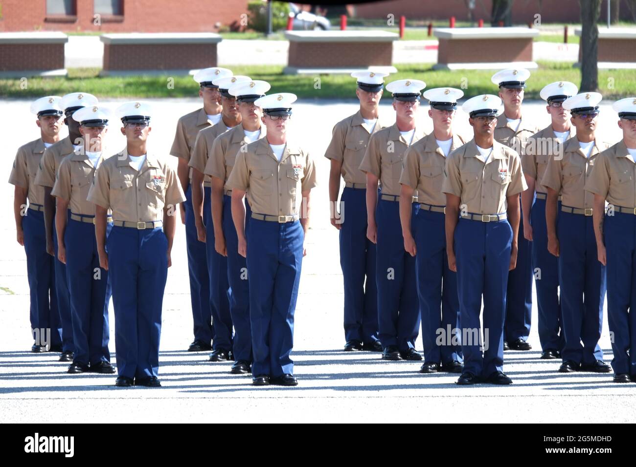 US Marines in formation during graduation ceremony, Parris Island, South Carolina Stock Photo
