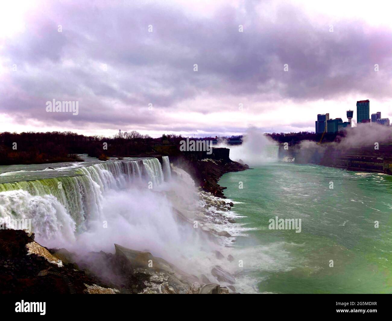 Niagara Falis a group of three waterfalls at the southern end of Niagara Gorge, spanning the border between the province of Ontario in Canada Stock Photo