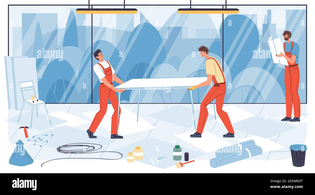 Flat cartoon industrial workers characters at office repair renovation ...