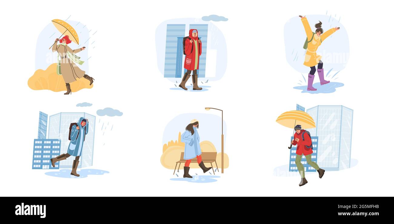 Flat cartoon characters autumn activities vector illustration concept ...