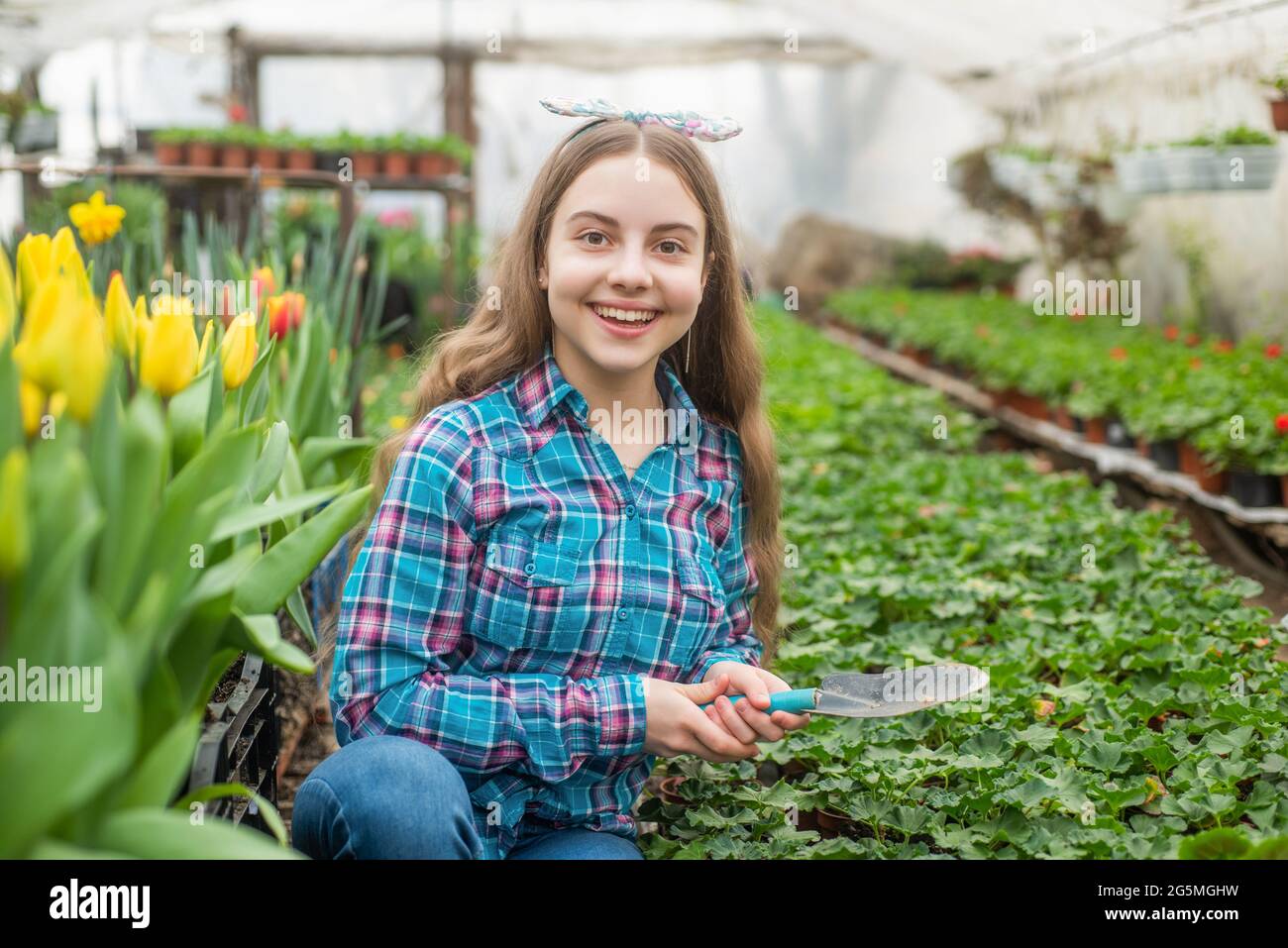 happy teen girl florist planting pot plants in greenhouse, spring Stock ...