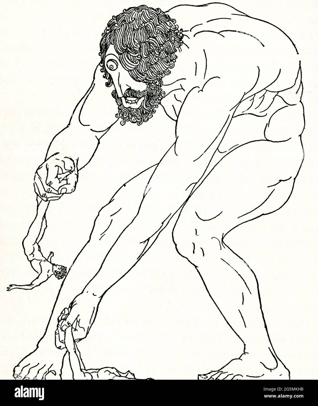 This 1918 image illustrates the Cyclops named Polyphemus preparuing to eat two of Odysseus’s men. In the epic poem Odyssey, which is credited to the Greek poet Homer, the hero Odysseus (also spelled Ulysses) and his men, on their way home to Ithaca from the Trojan War, are captured by Polyphemus, a Cyclops or one-eyed giant. Polyphemus eats six of the men (seen here, getting ready to eat two) and says he will eat them all. Odysseus escapes by giving the Cyclops strong wine. The Cyclops falls Stock Photo
