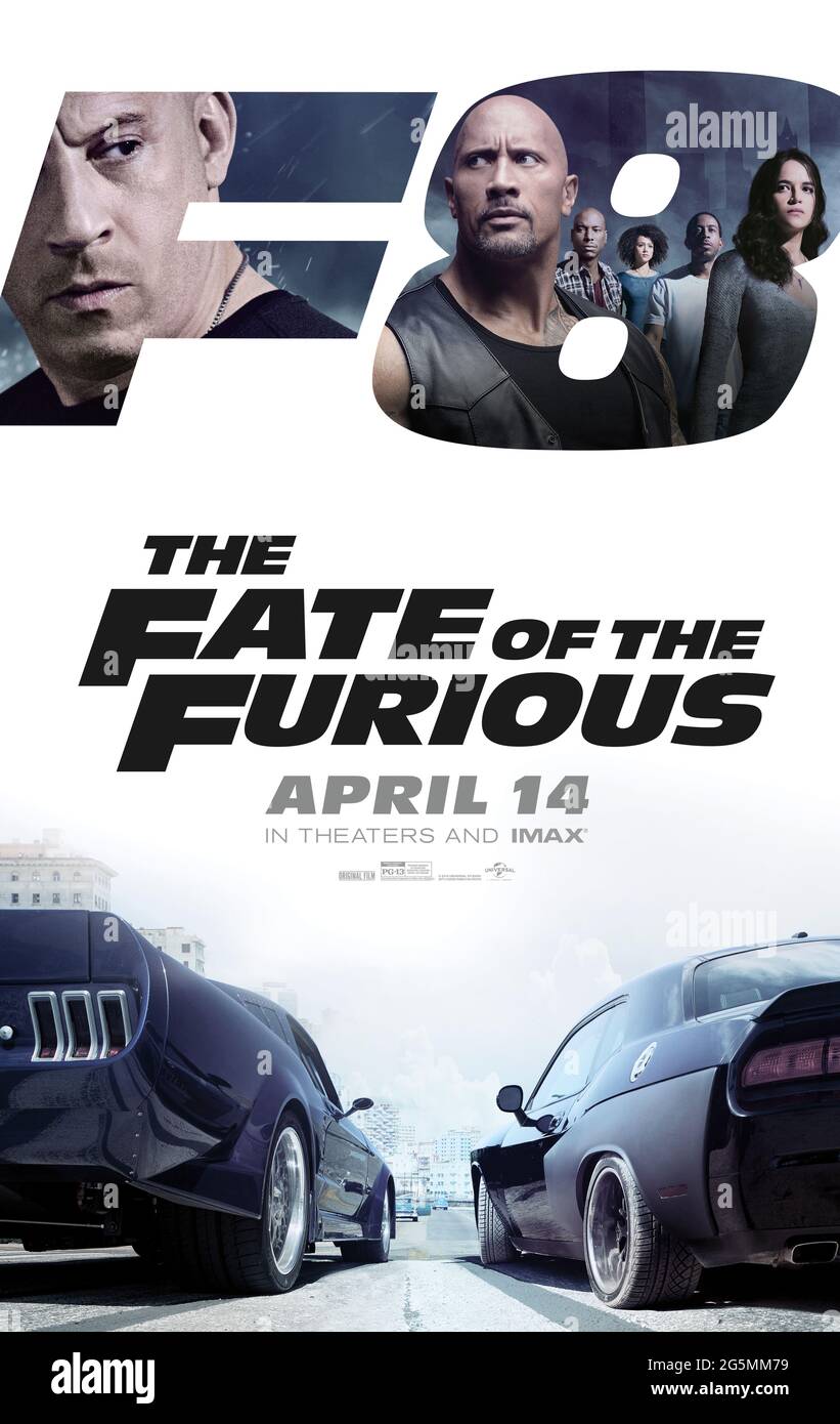 The Fate of the Furious (2017) directed by David Leitch and starring Vin Diesel, Jason Statham, Dwayne Johnson and Charlize Theron. The eight instalment in this hugely successful franchise finds Dominic Toretto seduced by a dangerous cyber terrorist called Cipher, causing the team to come together once again to take her down. Stock Photo