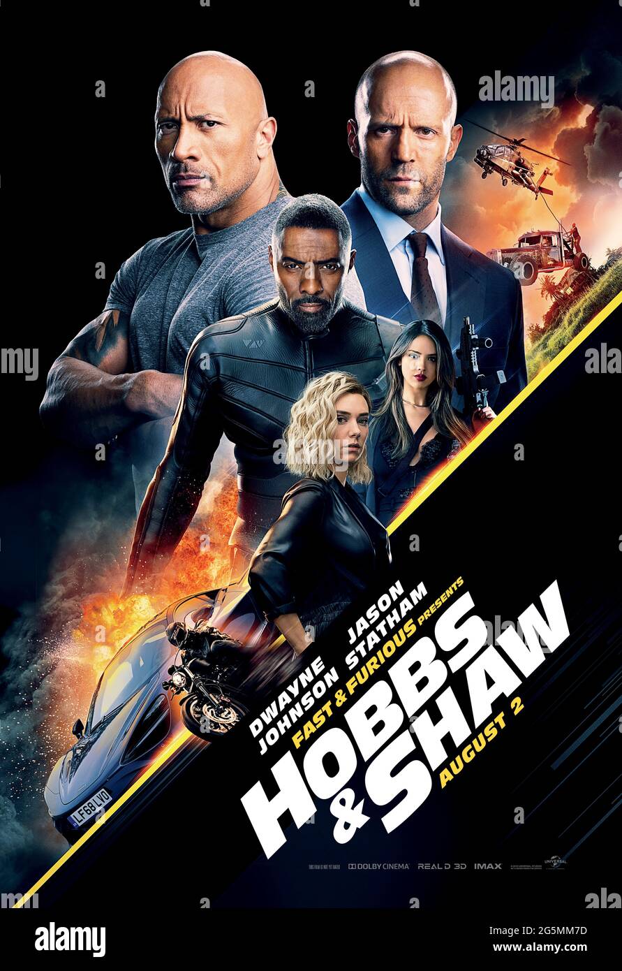 Fast & Furious Presents: Hobbs & Shaw (2019) directed by David Leitch and starring Dwayne Johnson, Jason Statham, Idris Elba and Vanessa Kirby. Spin-off featuring Lawman Luke Hobbs and outcast Deckard Shaw forming an unlikely alliance when a cyber-genetically enhanced villain threatens the future of humanity. Stock Photo