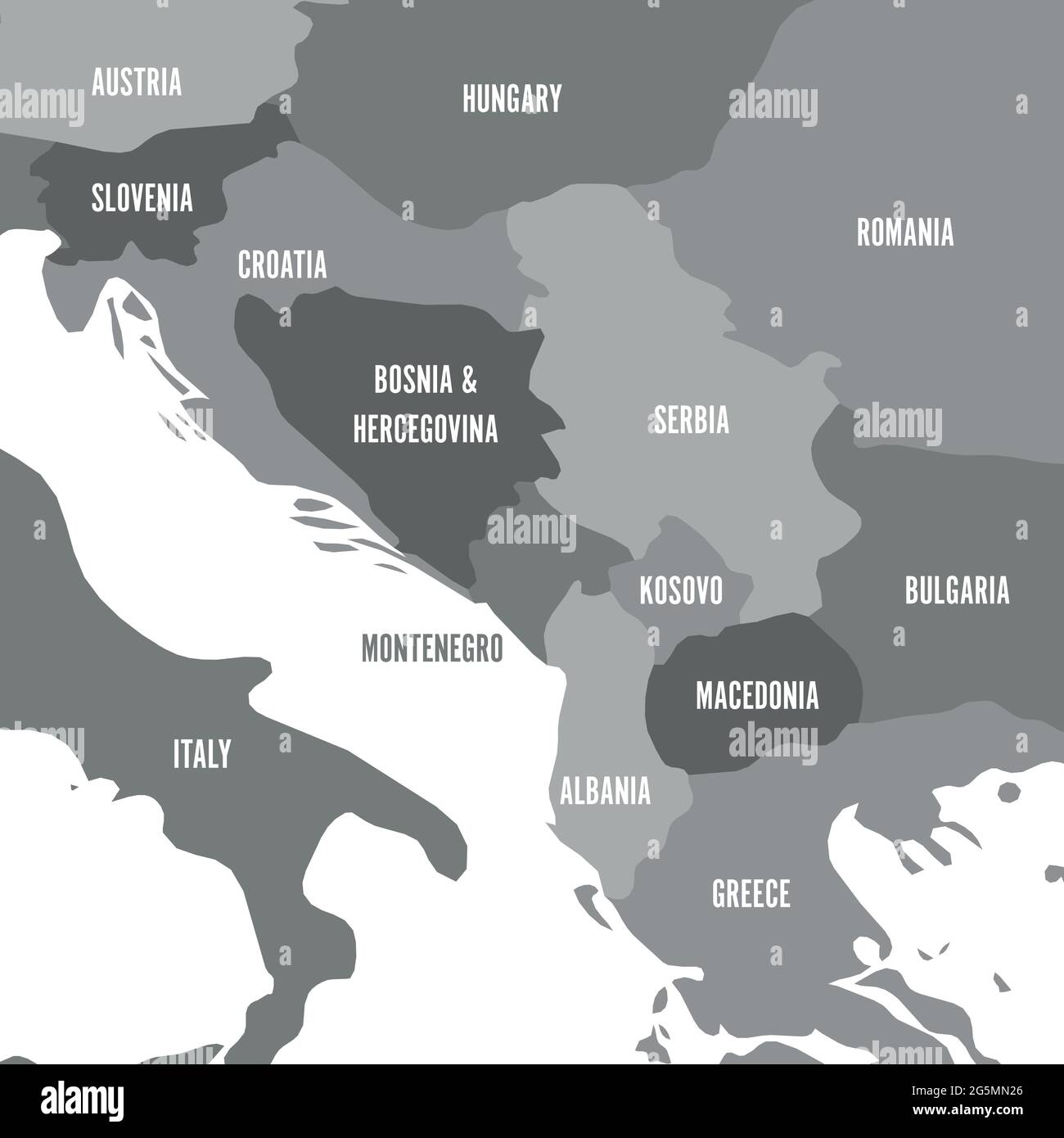 Political map of Balkans - States of Balkan Peninsula. Four shades of grey vector illustration Stock Vector