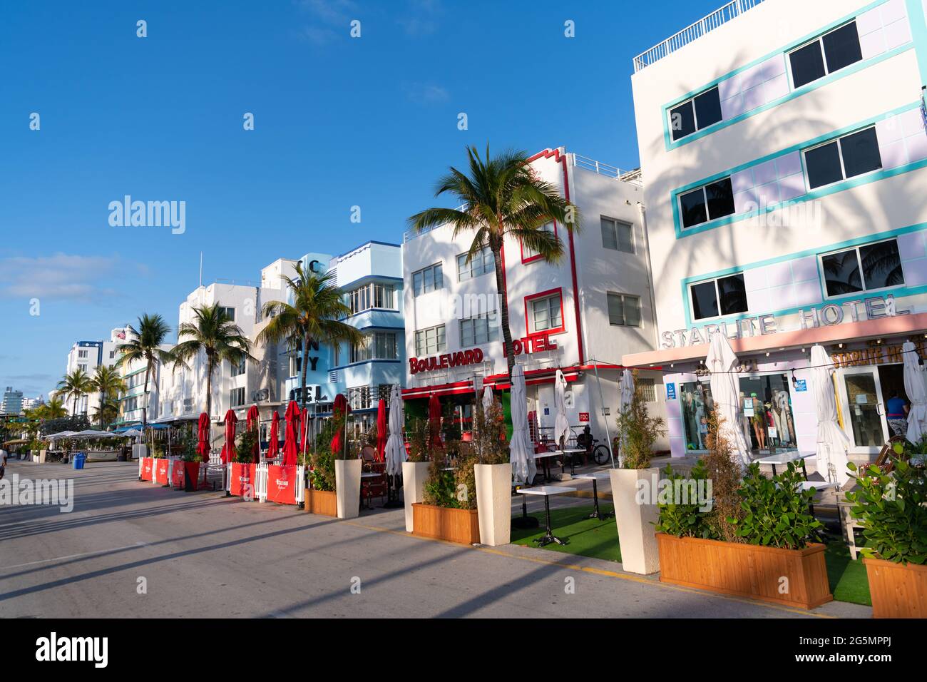 Miami, USA April 15, 2021 South Beach artdeco hotels and sidewalk cafes line Ocean Drive