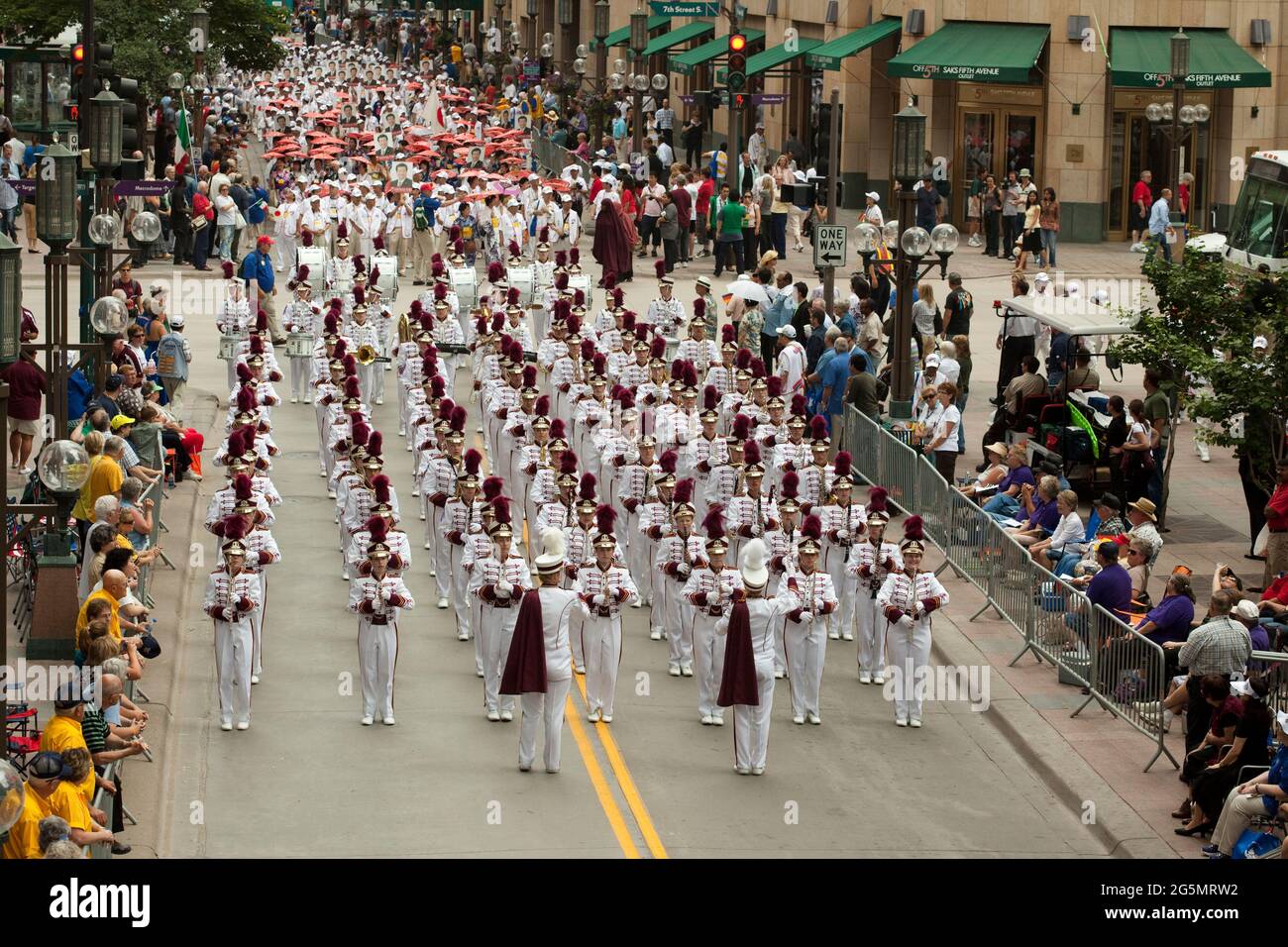 Fergus Falls High School Marching Band in the Lions Clubs International Parade on Nicollet Mall, Minneapolis, Minnesota, 2009 Stock Photo